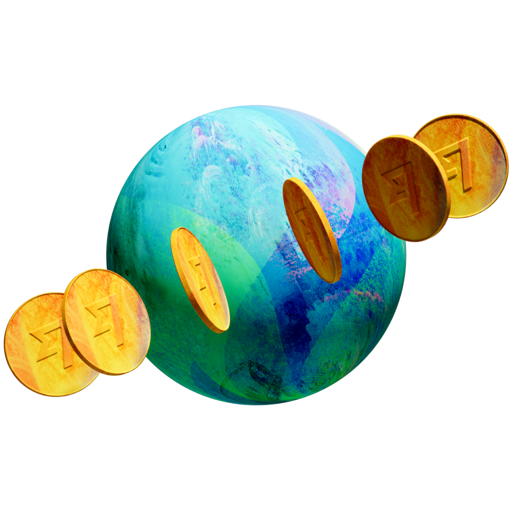 A globe with coins floating around it